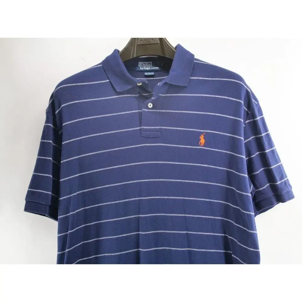 VTG Polo Ralph Lauren Men's L Blue Striped Polo Shirt Classic Fit Short Sleeve